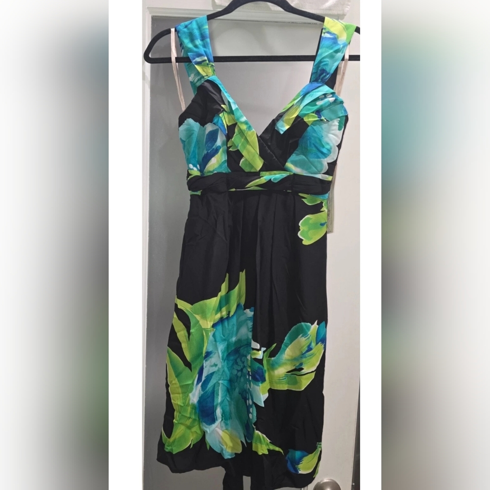 Roulette Black Floral Print Emphire-style Dress, Wide Spaghetti Straps, Sz:4 NWT